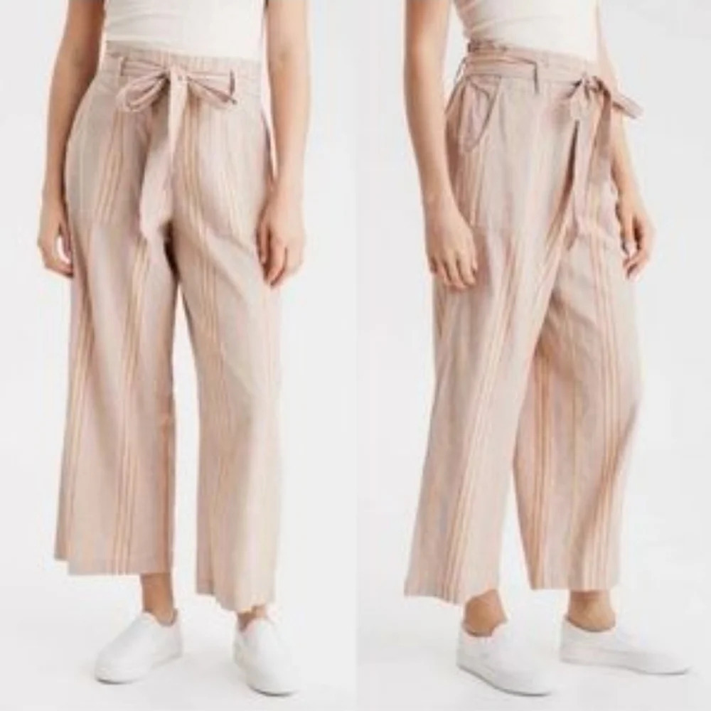 New American Eagle linen blend Striped wide leg Polazzo belted pant XL